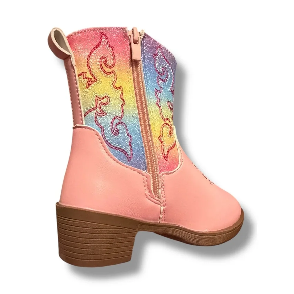 NIB Kids Pink Rainbow Glitter Cowboy Boots Side Zip Western Toddler Sz 7.5